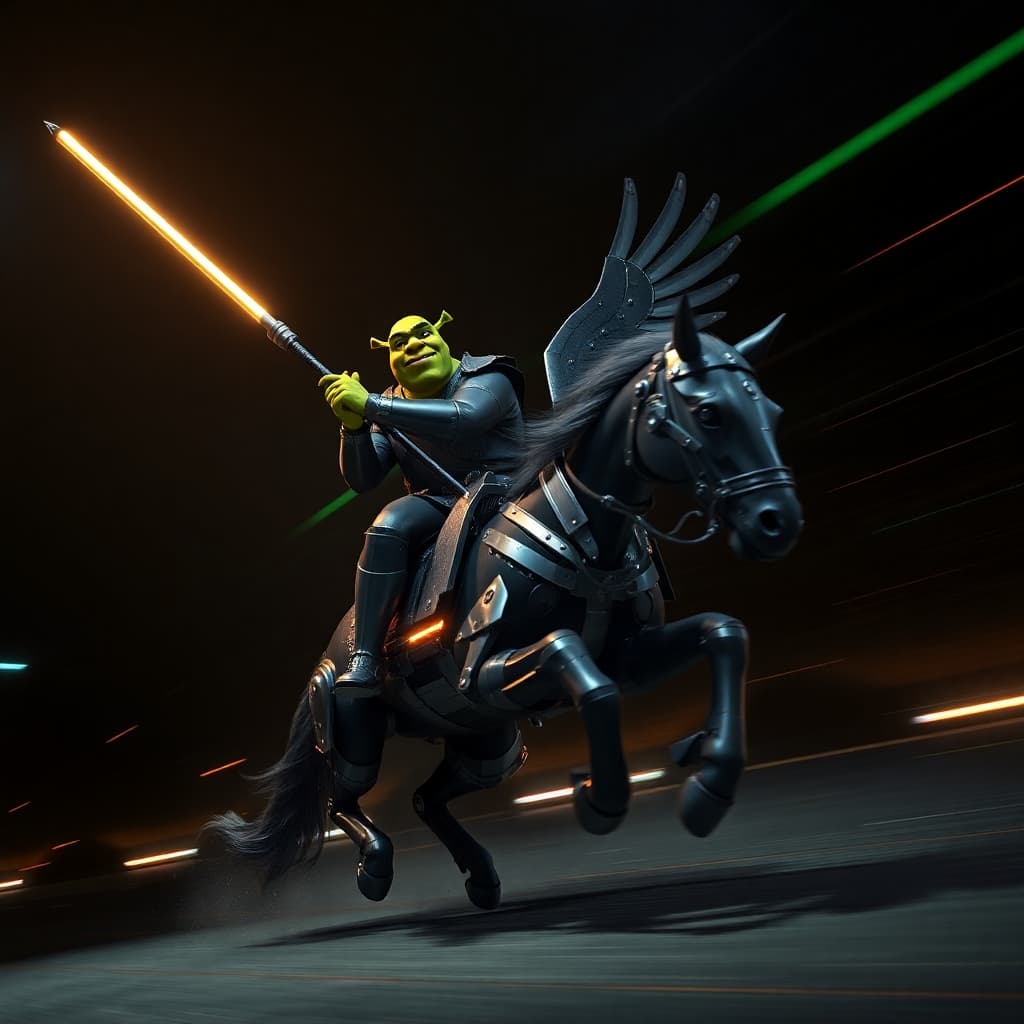 AI generated: Long exposure, low-angle 3D render of Shrek as a robotic gladiator in black armor, wielding a large ...