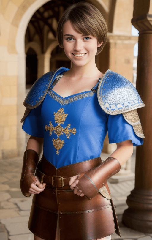 AI generated: wide angle, a beautiful 20 year old European knight girl, medieval fantasy town, medieval cloth, blu...