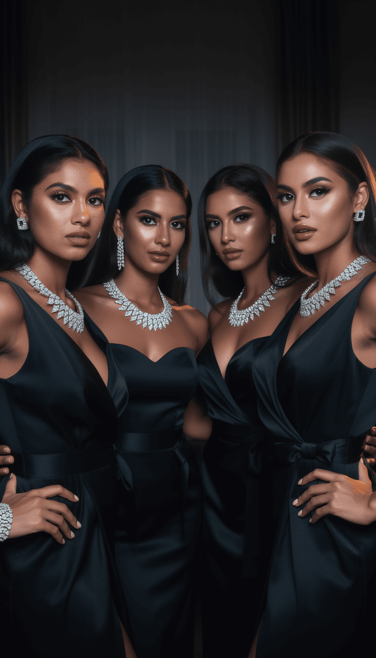 AI generated: vier latina Models, selbstbewusste Ausstrahlung, luxuriöse ‚iced-out‘ Diamantketten. Sie tragen schw...