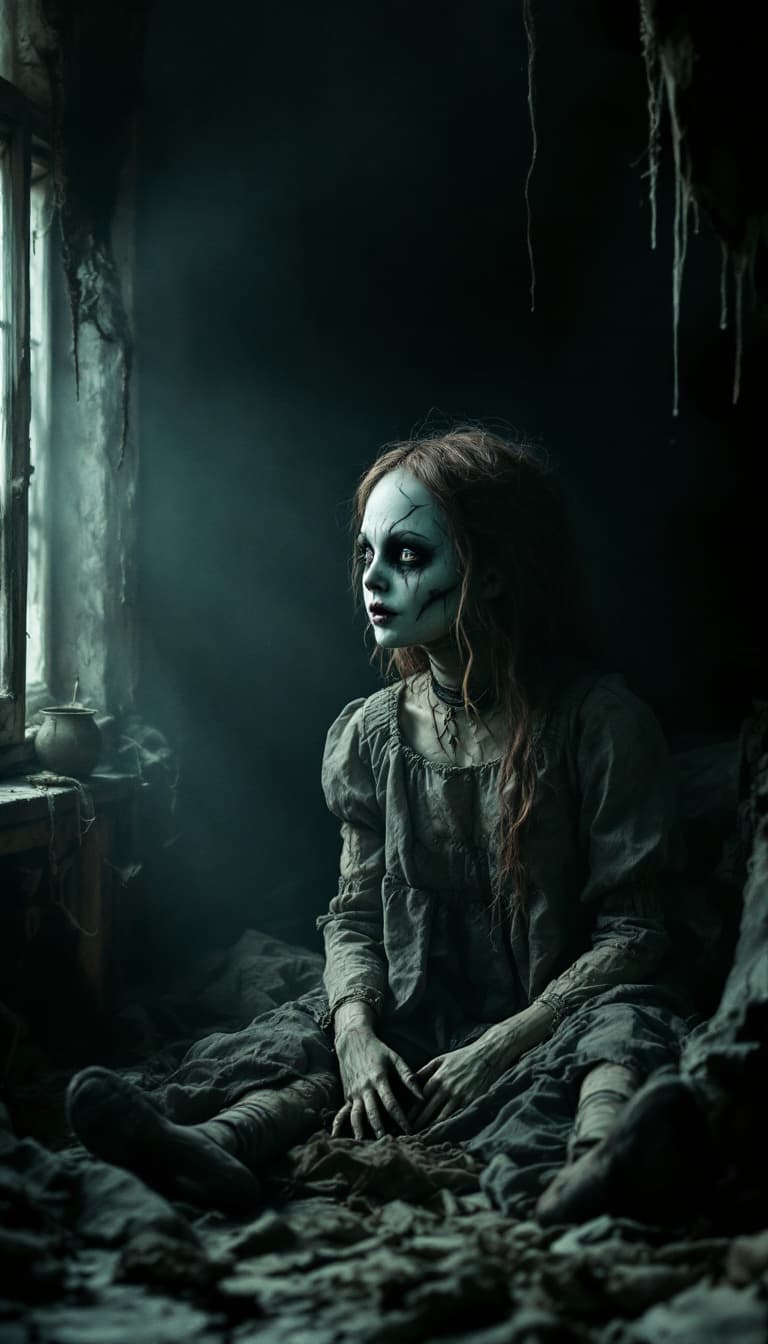 AI generated: realistic horror, creepy life-size doll lady, eerie attic background, dramatic shadows, dim lighting...