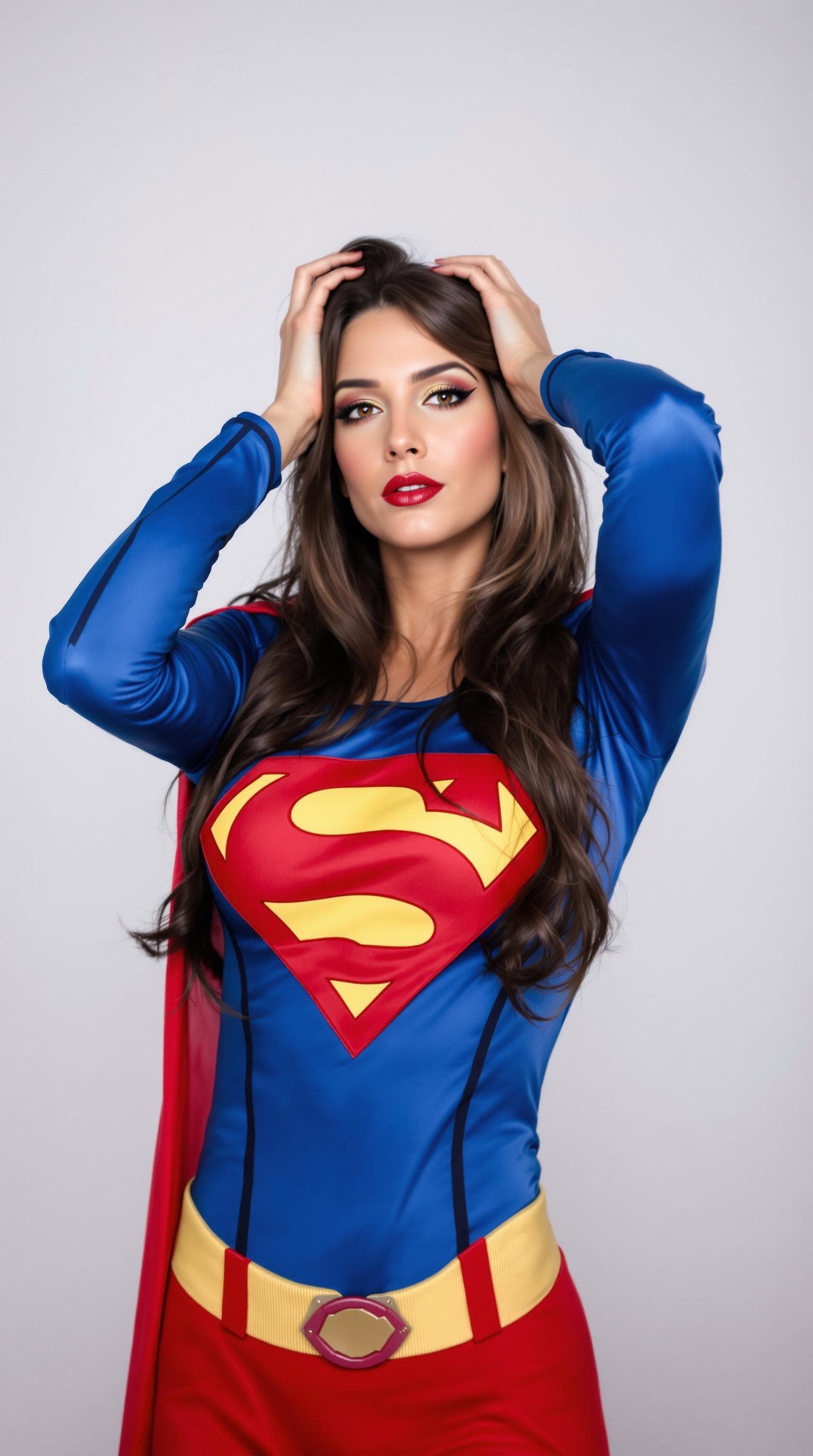 AI generated: a woman in a superman costume posing for a picture with her hands on her head and her shirt open, Co...