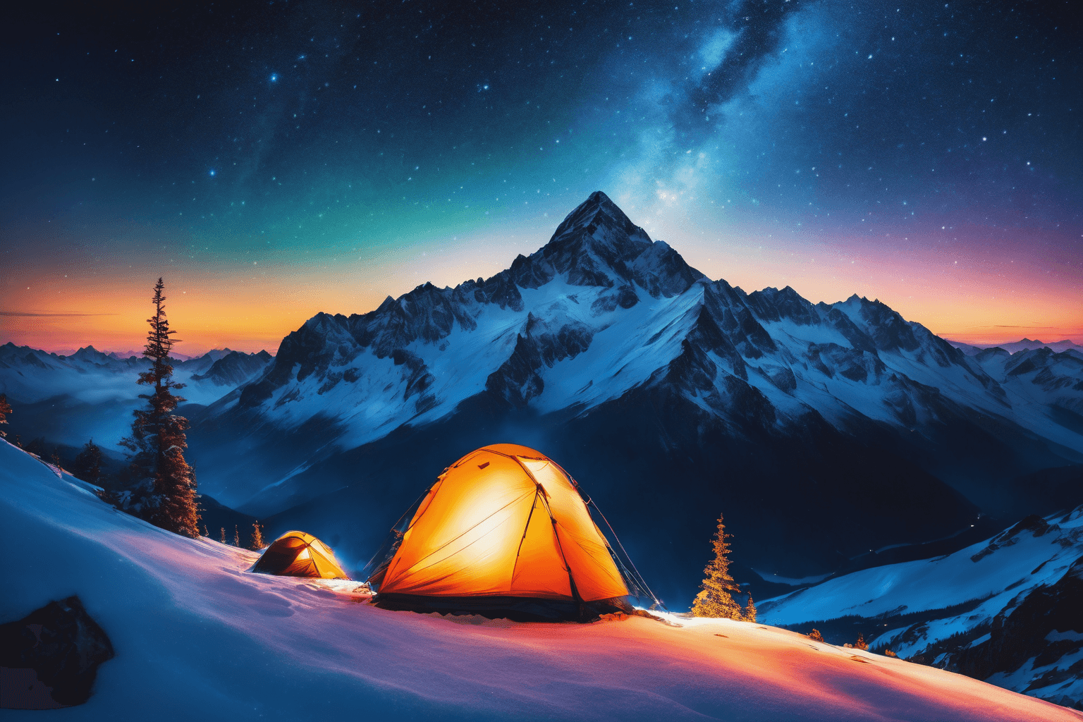 AI generated: Camping on snow-covered mountain, extreme weather, looking down, night, clear sky, beautiful stars