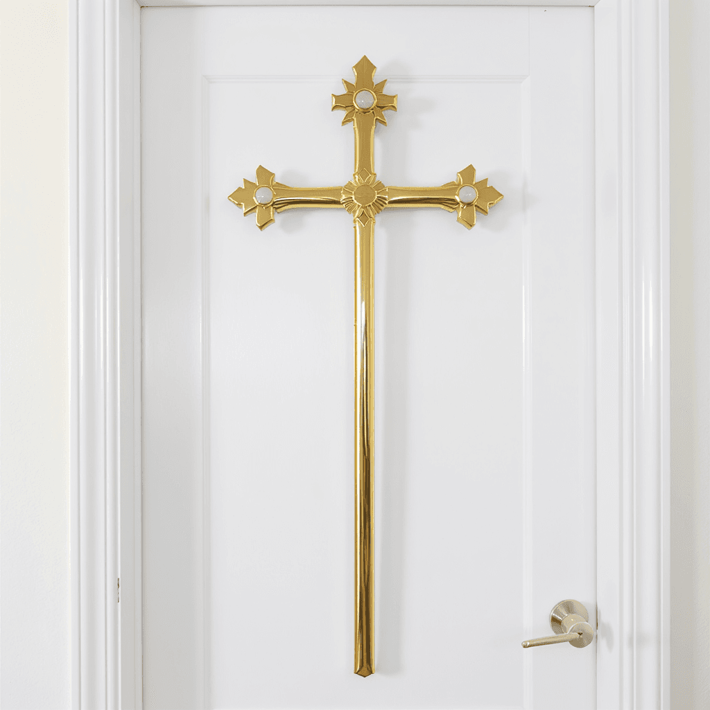 AI generated: A simple golden metal cross with an extremely long stem, set against a white background for easy dis...