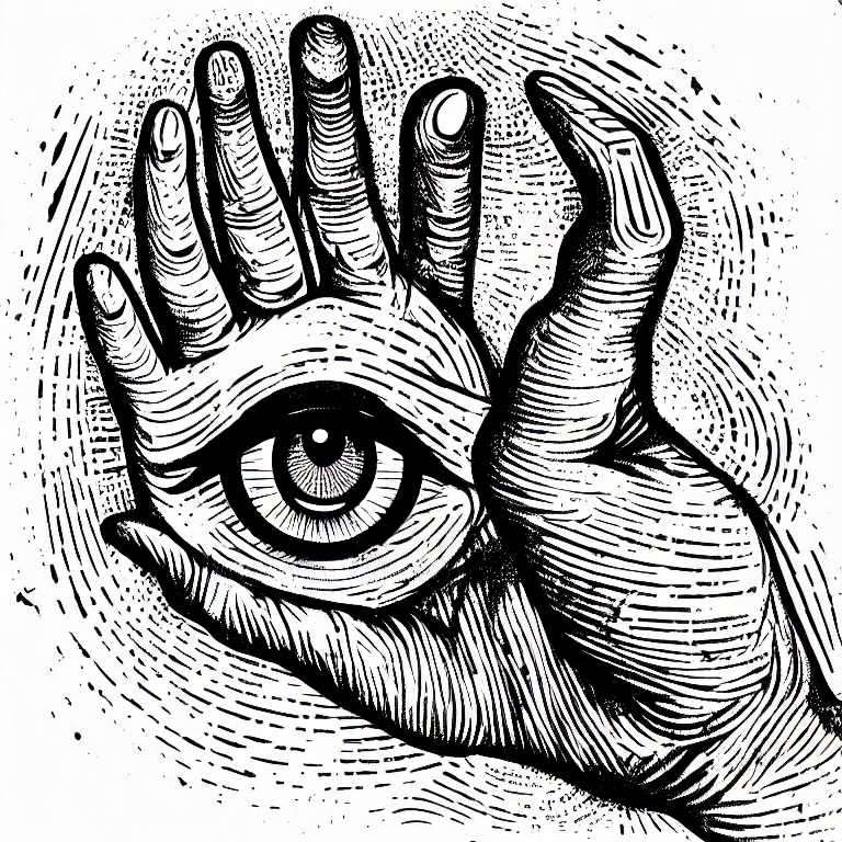 AI generated: mystical symbol, hand with the eye, woodcut illustrattion, scribble illustration, paranoid, annotate...