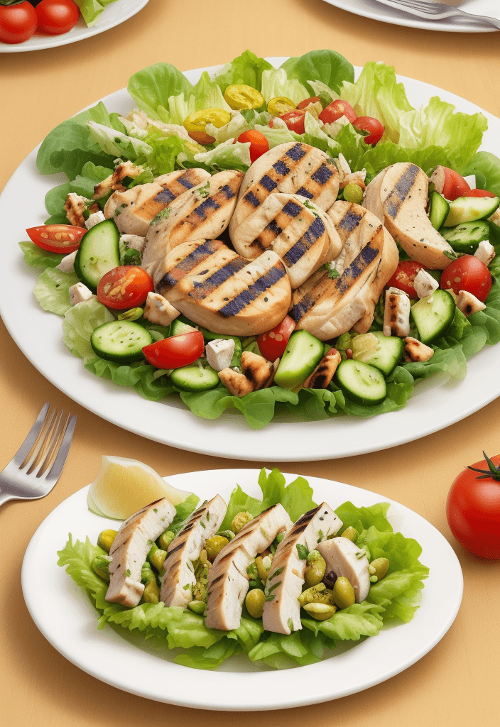 AI generated: Create a plate of grilled golden chicken salad, includes on the plate, lettuce, tomato, cucumber and...