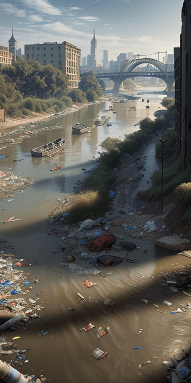 AI generated: large river with garbage pollution in it located in a city 8k, intricate detail, photorealistic, rea...