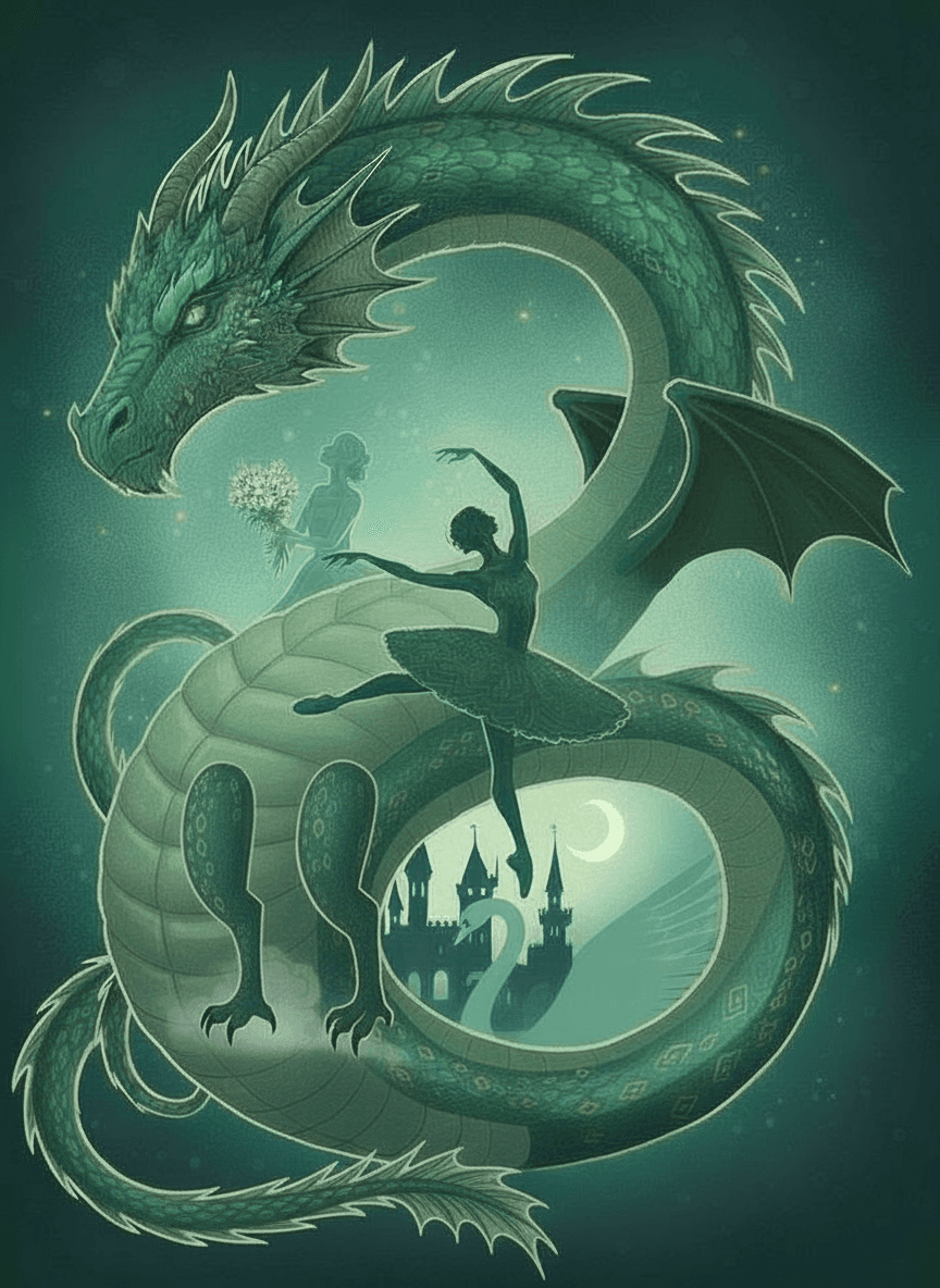 AI generated: save all of the image- style, ballerinas, castle, swan, moon, colors and everything, dragon tail i o...