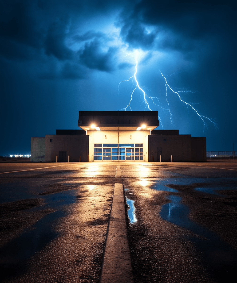 AI generated: A small, two-story concrete building with large windows on the side of an airport runway at night il...