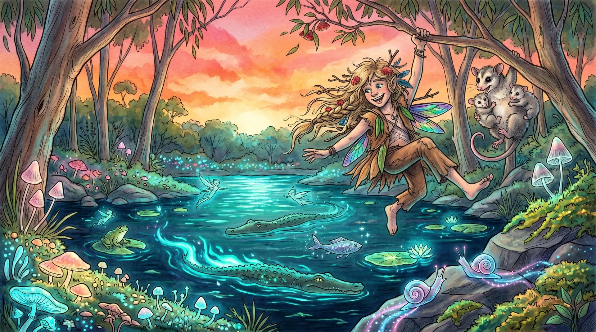 AI generated: In a surreal, whimsical world where Aussiecore DreamtimeFunk meets WyldeFey elemental aesthetics, a ...