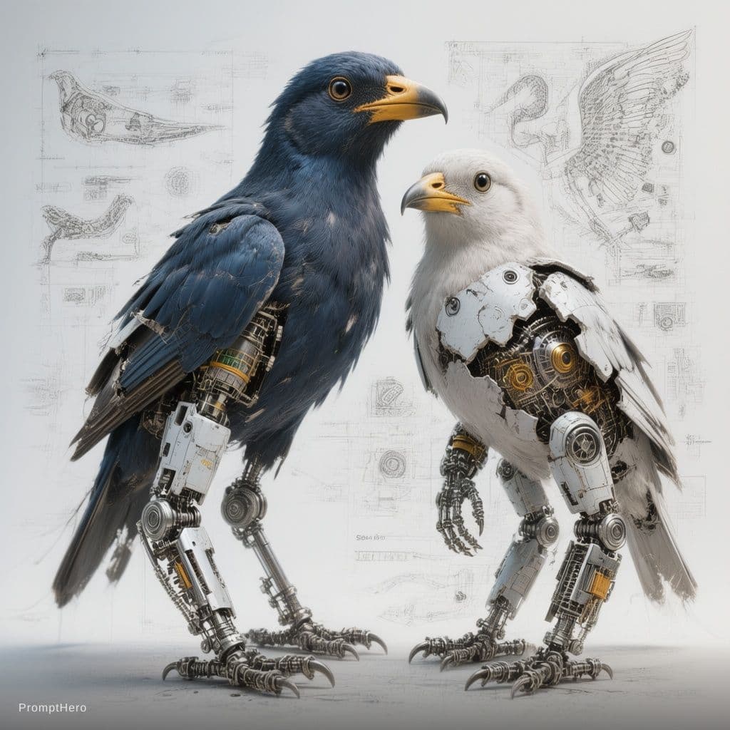 AI generated: Ultra-detailed cinematic portrait of birds cyborg ,navy and white metallic limbs partially broken re...