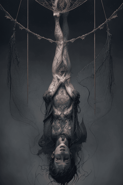 AI generated: olpntng style, a tarot card, Le Pendu, a man hanged up side down, intricated hair, intricated skin, ...