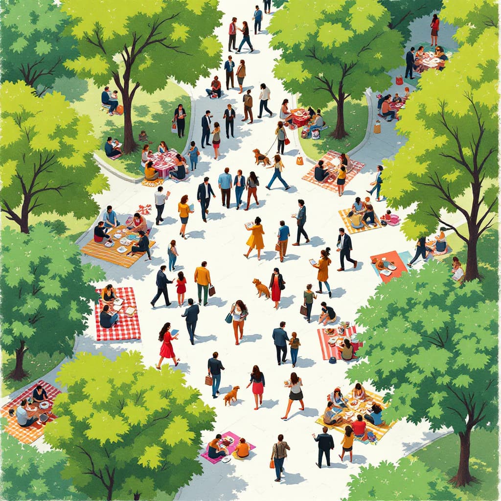 AI generated: image of a bustling urban park scene viewed from above, diverse groups of people engaged in various ...