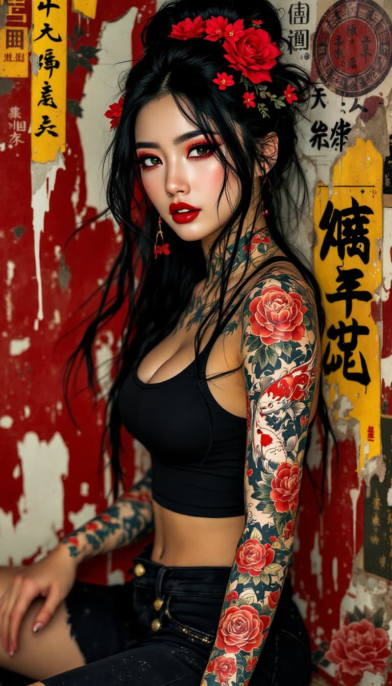 AI generated: (((full body view))) long, flowing black hair with loose, messy bun adorned with small red flowers, ...