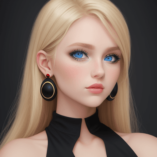 AI generated: Blonde girl, blue eyes, black dress, red spot on her nose. gloden earrings
