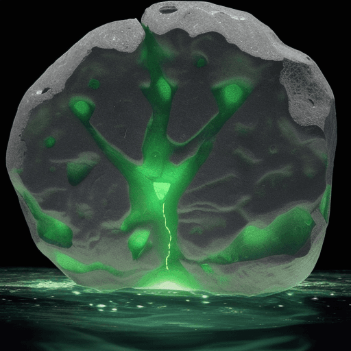 AI generated: Big meteorite rock inside the water, glowing green hyper-realistic, 8k image 