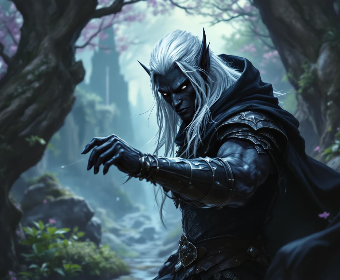 AI generated: Fantasy DnD style, (A handsome dark skinned Dark Elf Man with Ebony skin), long white Hair, long ear...