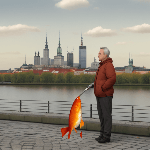 AI generated: crucian carps standing on the ground eating beans from the  silver plate. Warsaw skyline in the back...