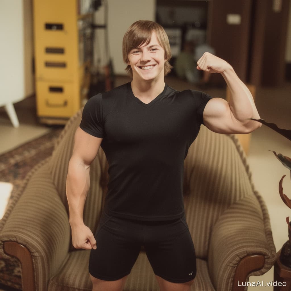 AI generated: muscular twink smiling while flexing huge muscles.black latex g-string,slim waiss,large thighs.18yo,...