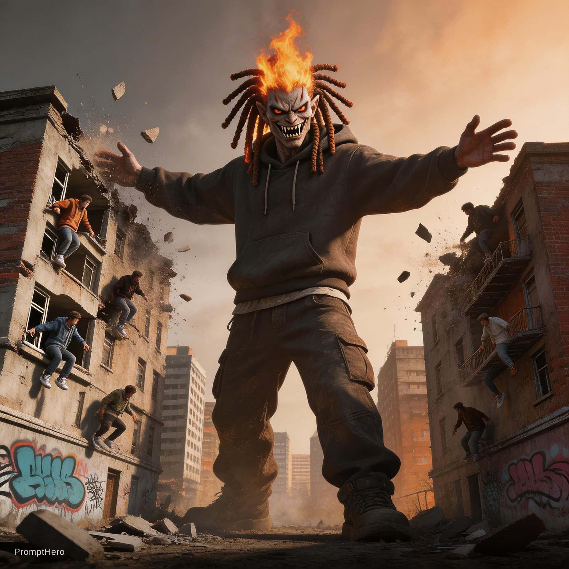 AI generated:  A colossal HIP HOP DEMON with flaming dreadlocked hair and an wicked grin stomps through a decaying...