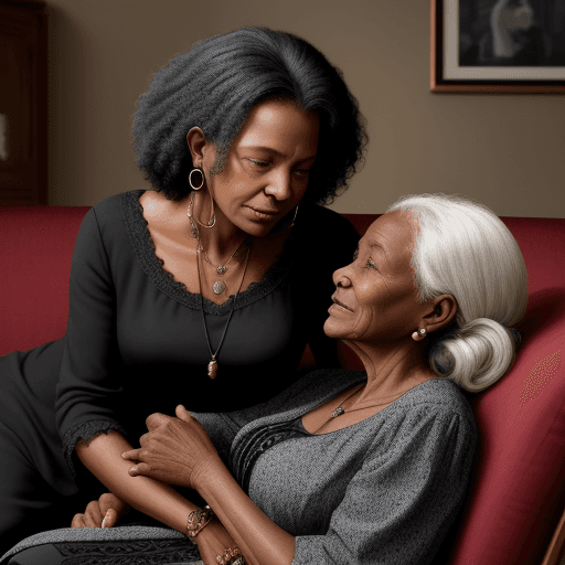 AI generated: Black old and wise woman, seated on a cosy couch, whispering into, a youngish black lady`s ear, fami...