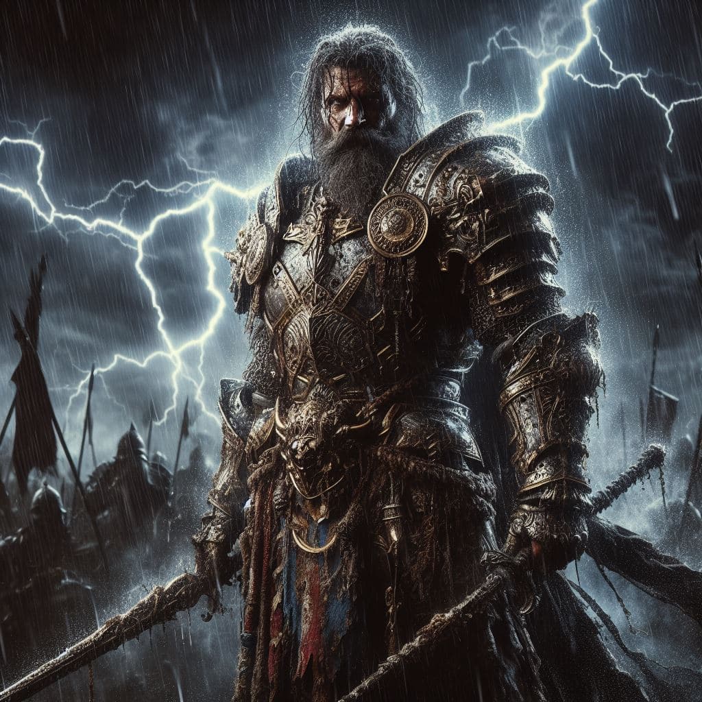 AI generated: Amidst the chaos of a rain-soaked battlefield, Alaric, a battle-hardened dwarven knight, stands reso...