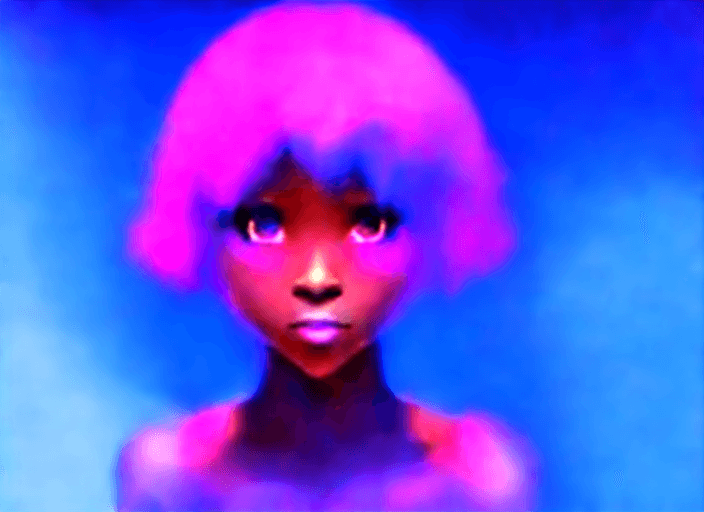 AI generated: Anime, no appearance of hands, dark skin tone, pink eyes, blue hair, unfinished