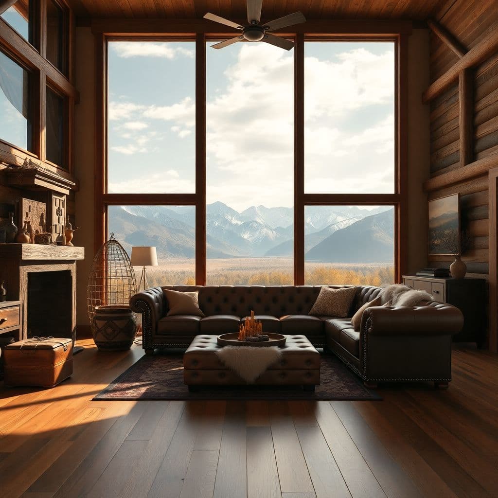 AI generated: High resolution photography interior design, dreamy western living room, wooden floor, large windows...