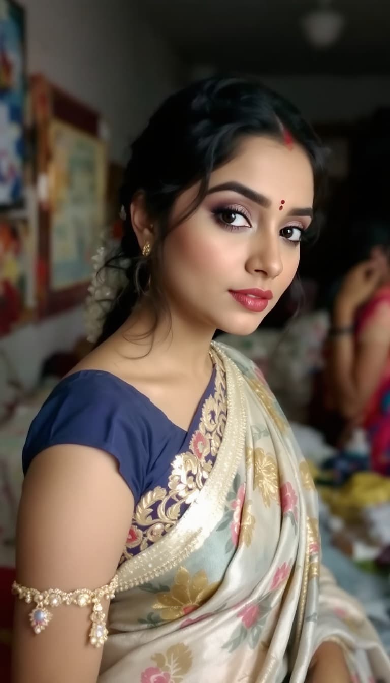 AI generated: hot glamour young indian aunty wearing only blouse without saree
