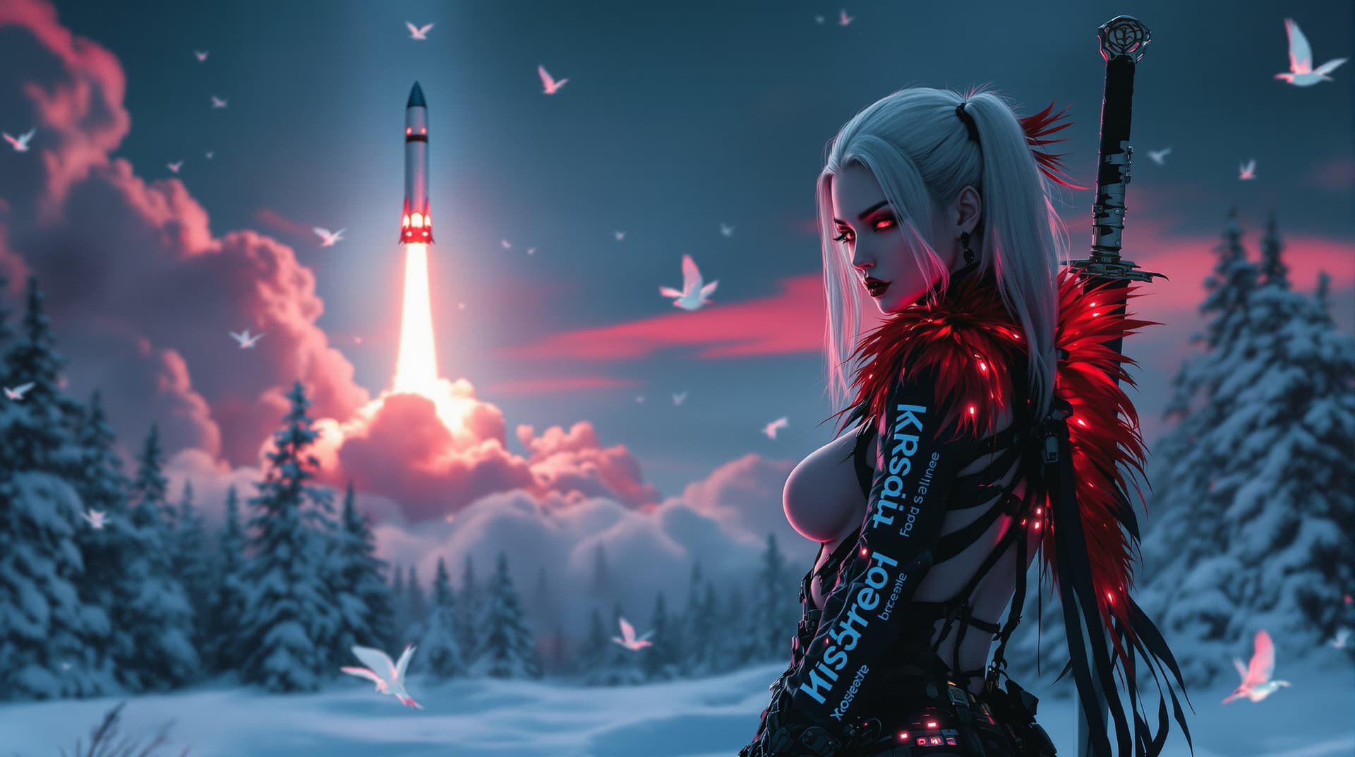 AI generated: Ultra realistic, far mid body photo of a so hot sensuous stylish goth women in snowy winter skimpy p...