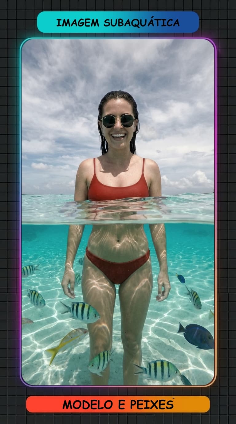 AI generated: Ultra-realistic underwater photo in 9:16 vertical perspective, with split-level effect. 
The person ...