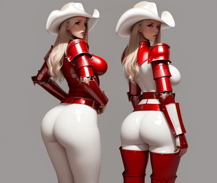AI generated: Female, wearing white latex shorts, tall, big ass, Russian, medium breasts, red armor, cowboy hat