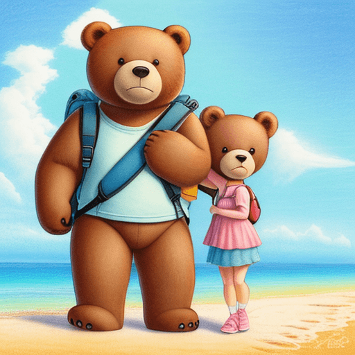 AI generated: A adorable romantic bear carrying a backpack and standing at a sunshine beach. color pencil style