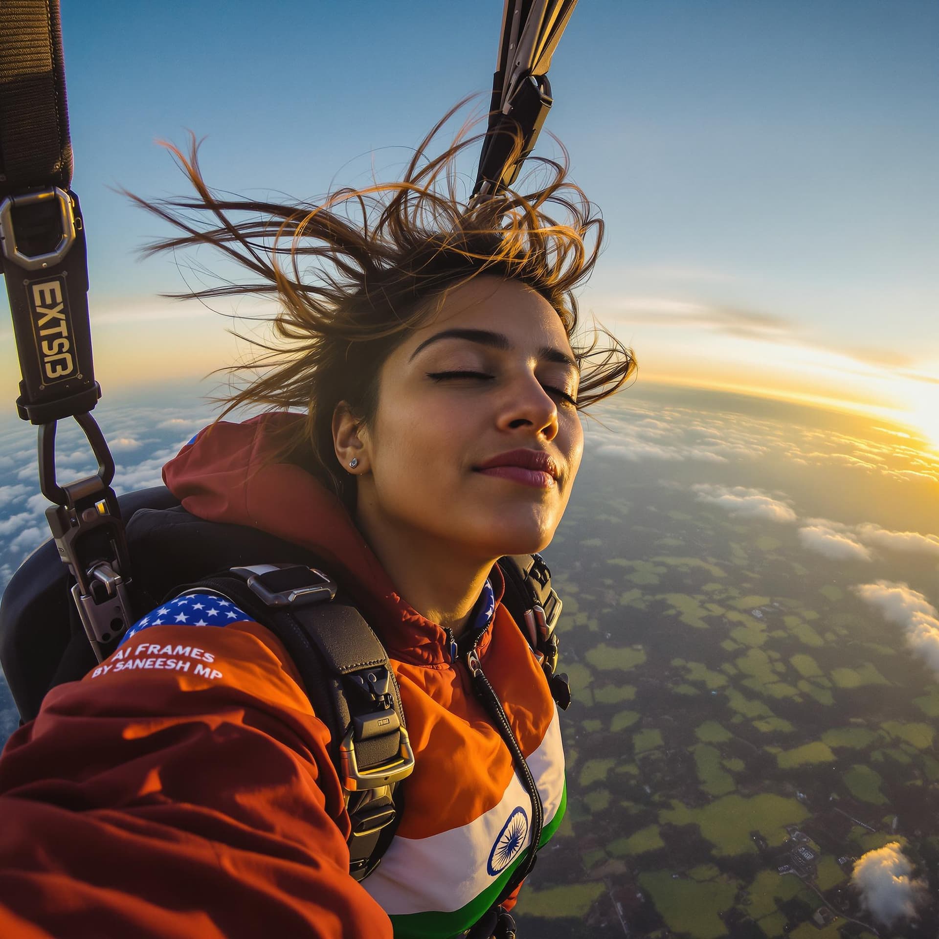 AI generated: A 32-year-old Indian woman with short, wind-swept hair, captured in mid-air during a skydive. Her fa...
