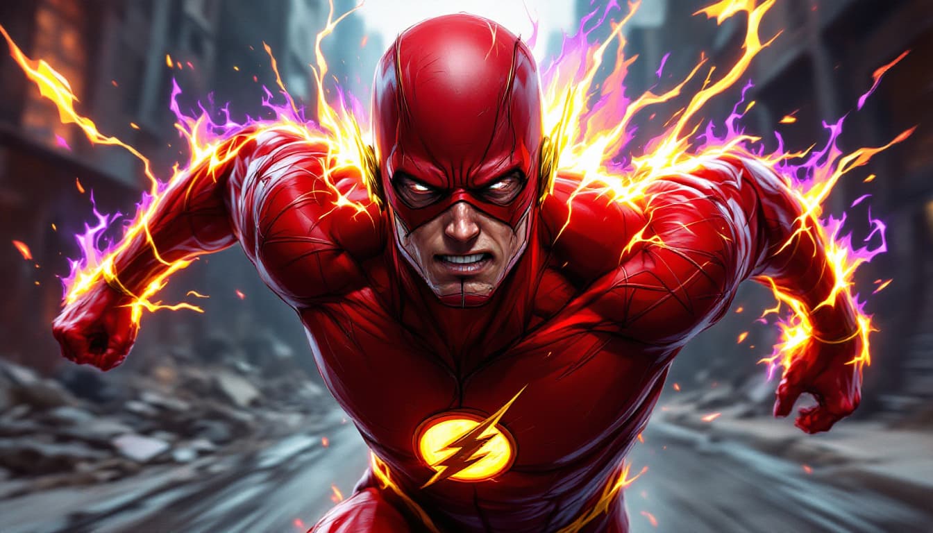 AI generated:  An illustration of Flash with a hard, intense look, and strong, bandaged hands, sharing scars and b...