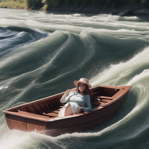 AI generated: Girl laying in row boat on the river full of rapids