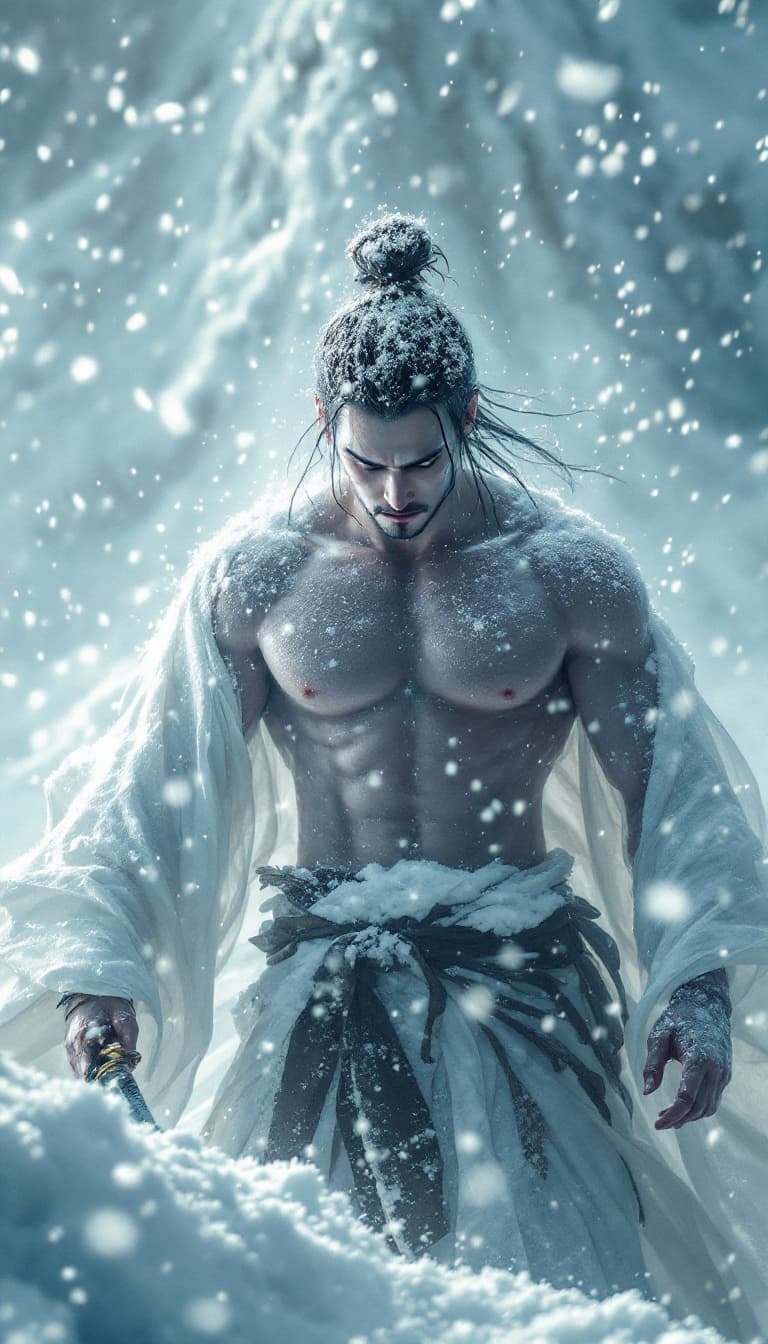 AI generated: A surreal movie scene, a Chinese ninja and a stunning beauty standing in a fierce snowstorm, the Chi...