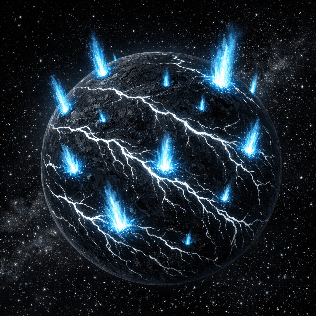 AI generated: a black moon with glowing white thin rivers running through and glowing blue geysers shooting out of...