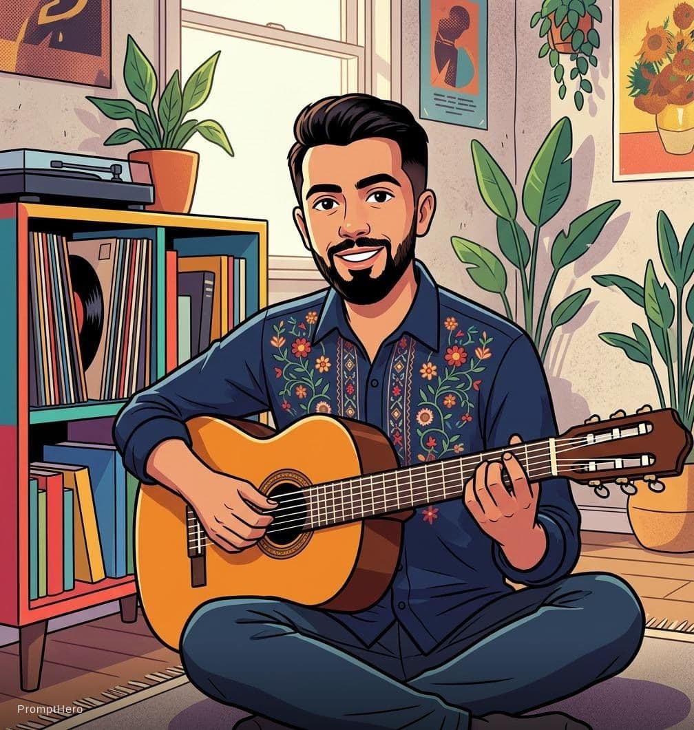 AI generated: A picture of a man wearing a decoratively embroidered button-up shirt and playing a classical guitar...