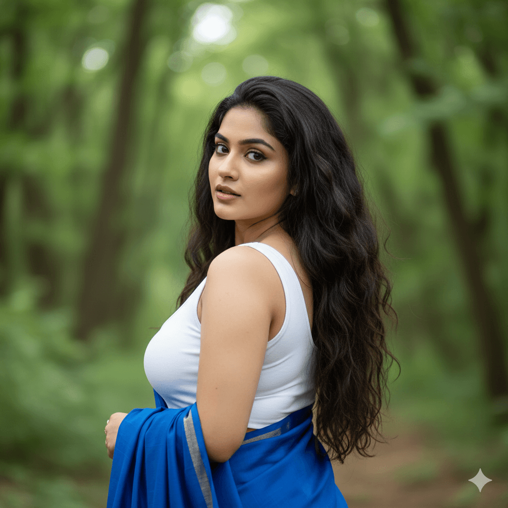 AI generated: • Subject: A beautiful young Indian woman with long, dark, wavy hair, looking back over her right sh...