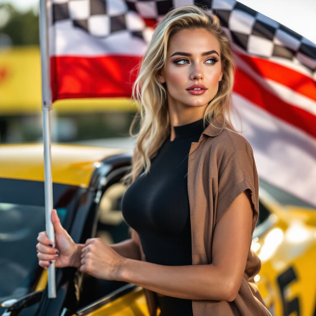 AI generated:  a portrait of a gorgeous young fit blonde woman stands in a car rating
holding the Grand Prix flag.