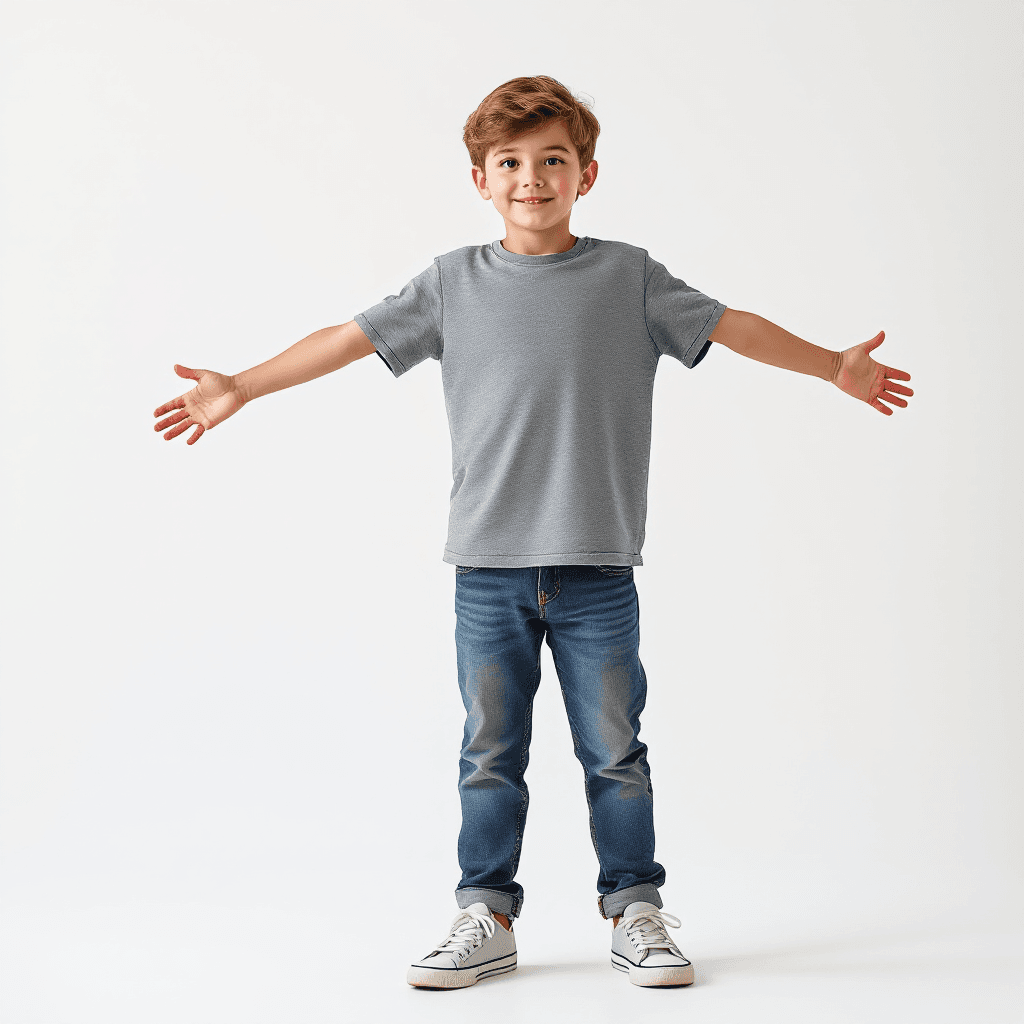 AI generated: A realistic 4D full-length photograph of an 5 year old boy standing in t-pose in jeans and sneakers,...