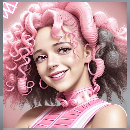 AI generated: woman smiling in pink and white with curly hair, in the style of y2k aesthetic, Spanish pop culture,...