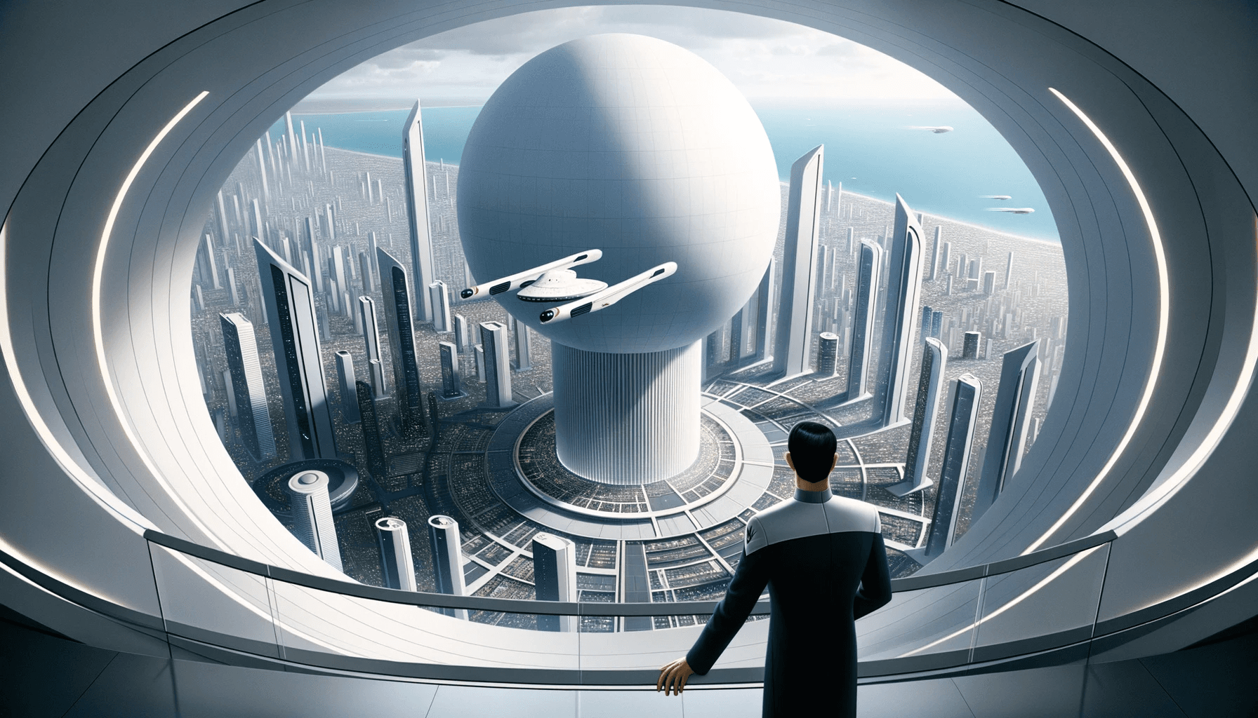AI generated: Illustration from the interior of a modern skyscraper's observation deck. In the foreground, a man d...