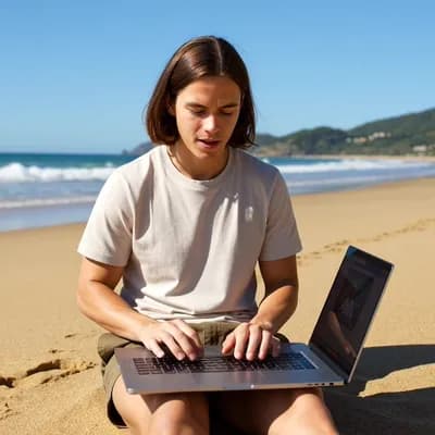AI generated video: Persona trabajando con un ordenador en la playa en verano en galicia, corte y está en la misma posic...