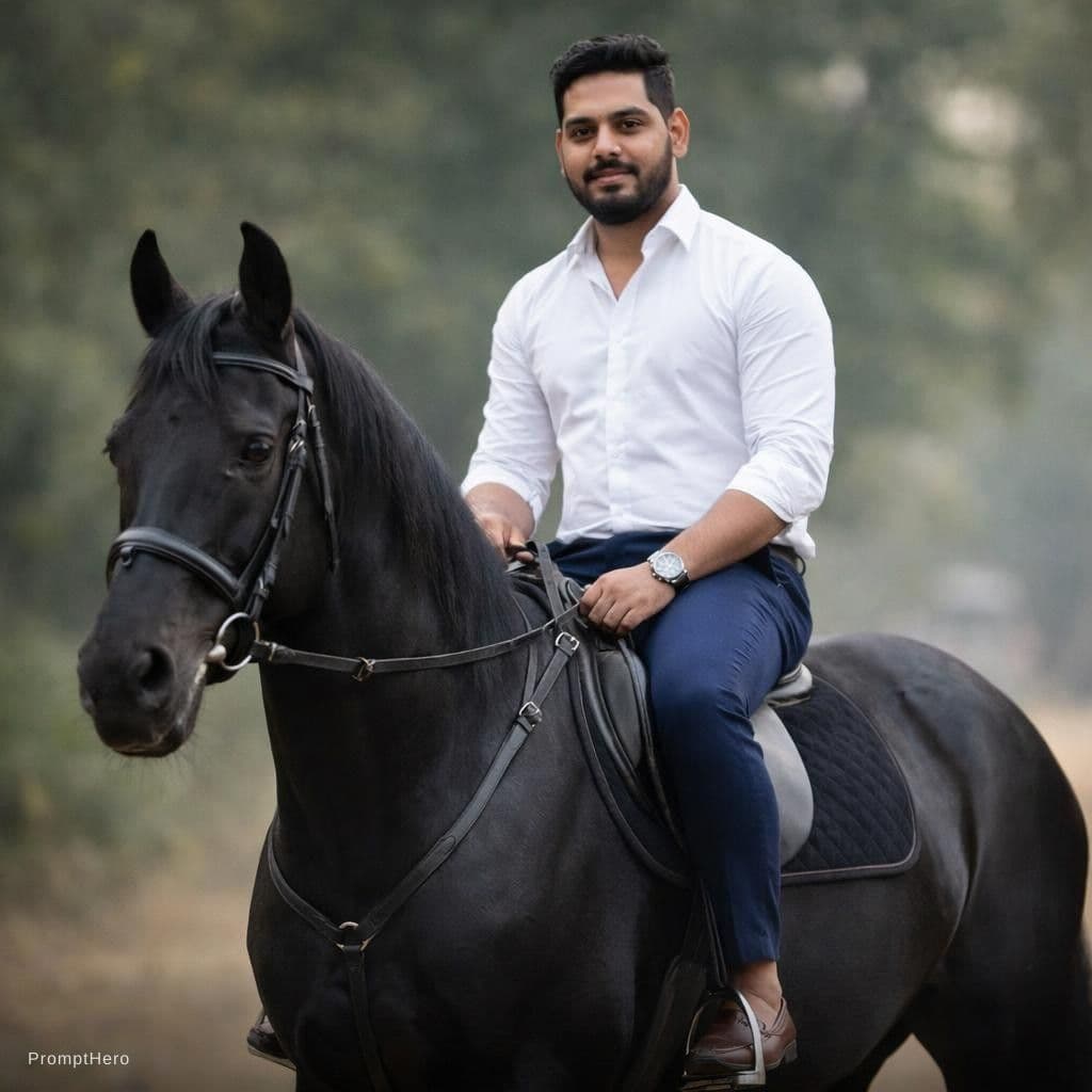 AI generated: atatched image in a men with sitting on black beautiful horse and men has wear a white shirt and nav...