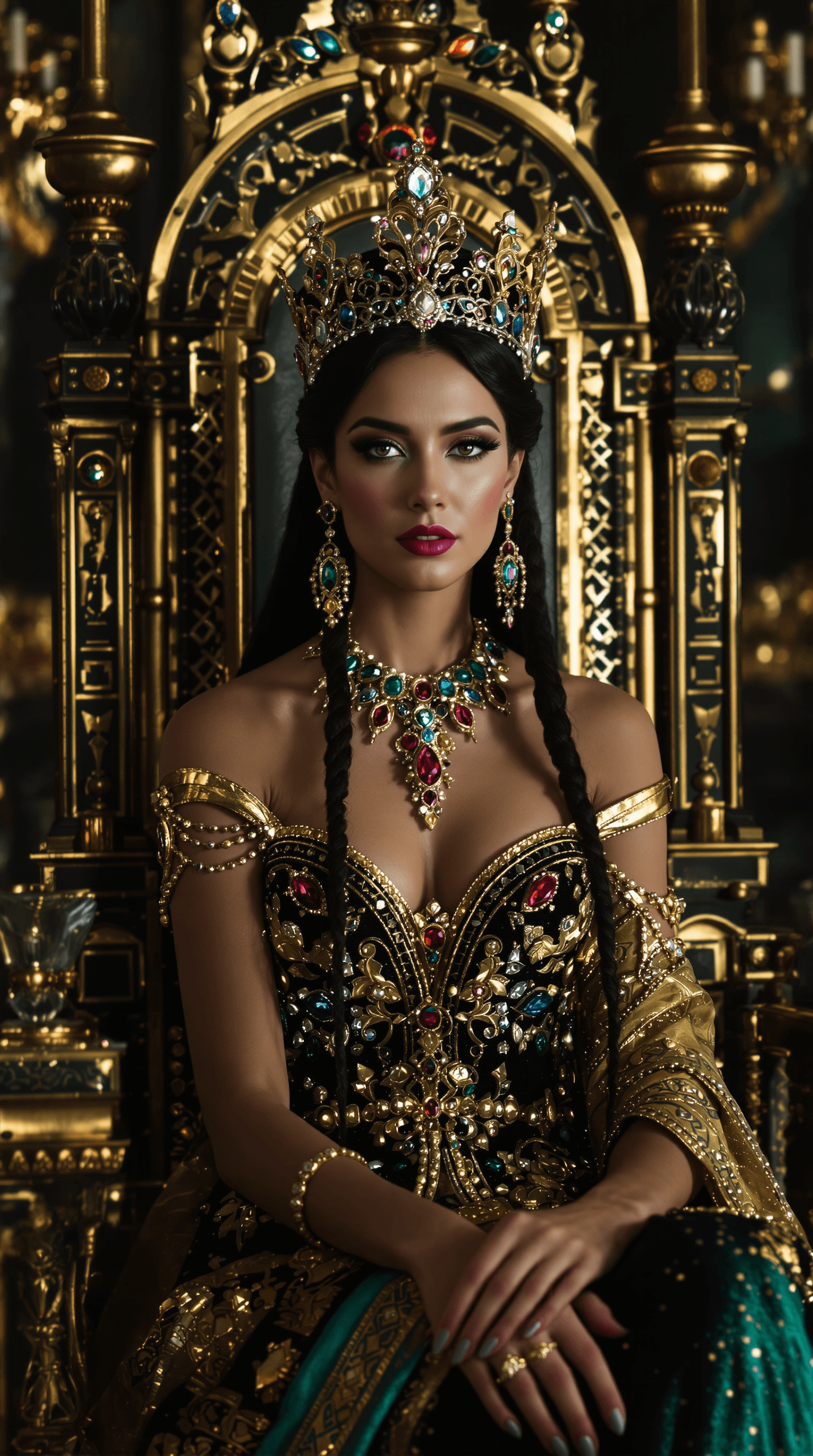 AI generated: A pretty, regal queen with a slender and powerful frame, her eyes holding timeless wisdom, and her l...