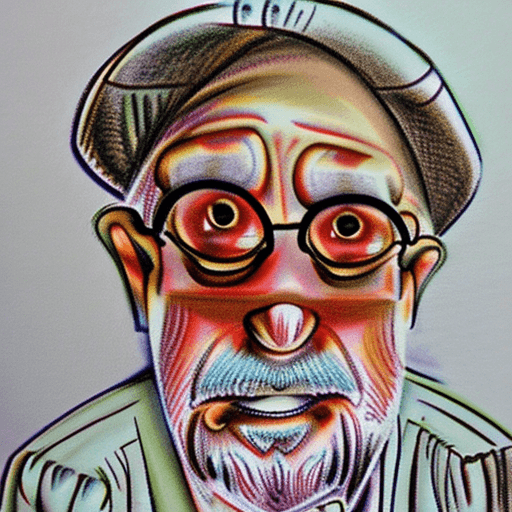 AI generated: Caricatures pencil drawing, old man, mid-70's, color pencils, in the style of Pixar, hilariously fun...