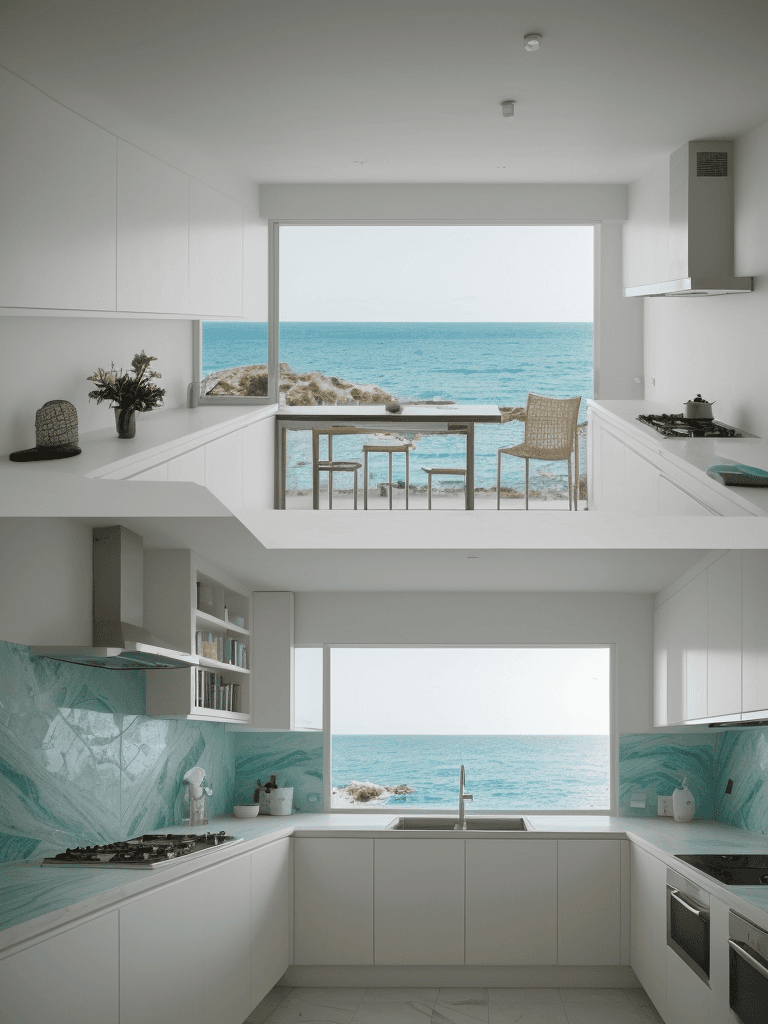 AI generated: fotografia en alta resolucion de diseño de interiores, cocina de concepto abierto con vista al mar ,...
