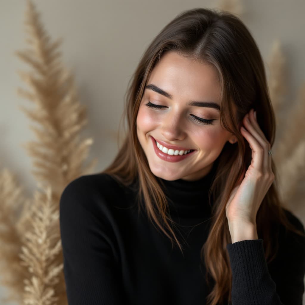 AI generated: A young white woman with brown hair, smiling brightly as she tucks her hair behind her ear with one ...