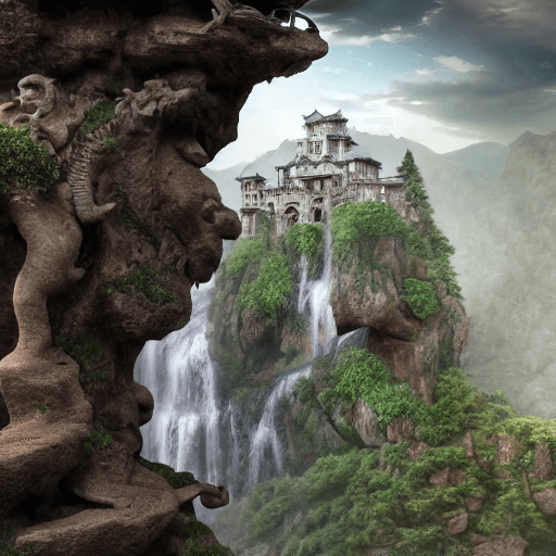 AI generated: a waterfall in the middle of a cliff carved with a dragon statue, shrouded in mist and an ancient pa...